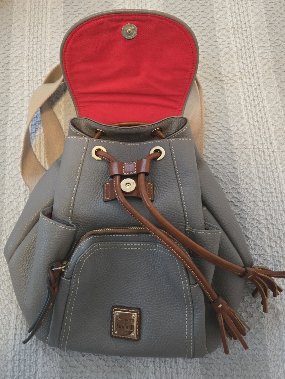 Dooney & Bourke Pebbled Leather Gray Backpack Brown Tassel Zipper Pocket